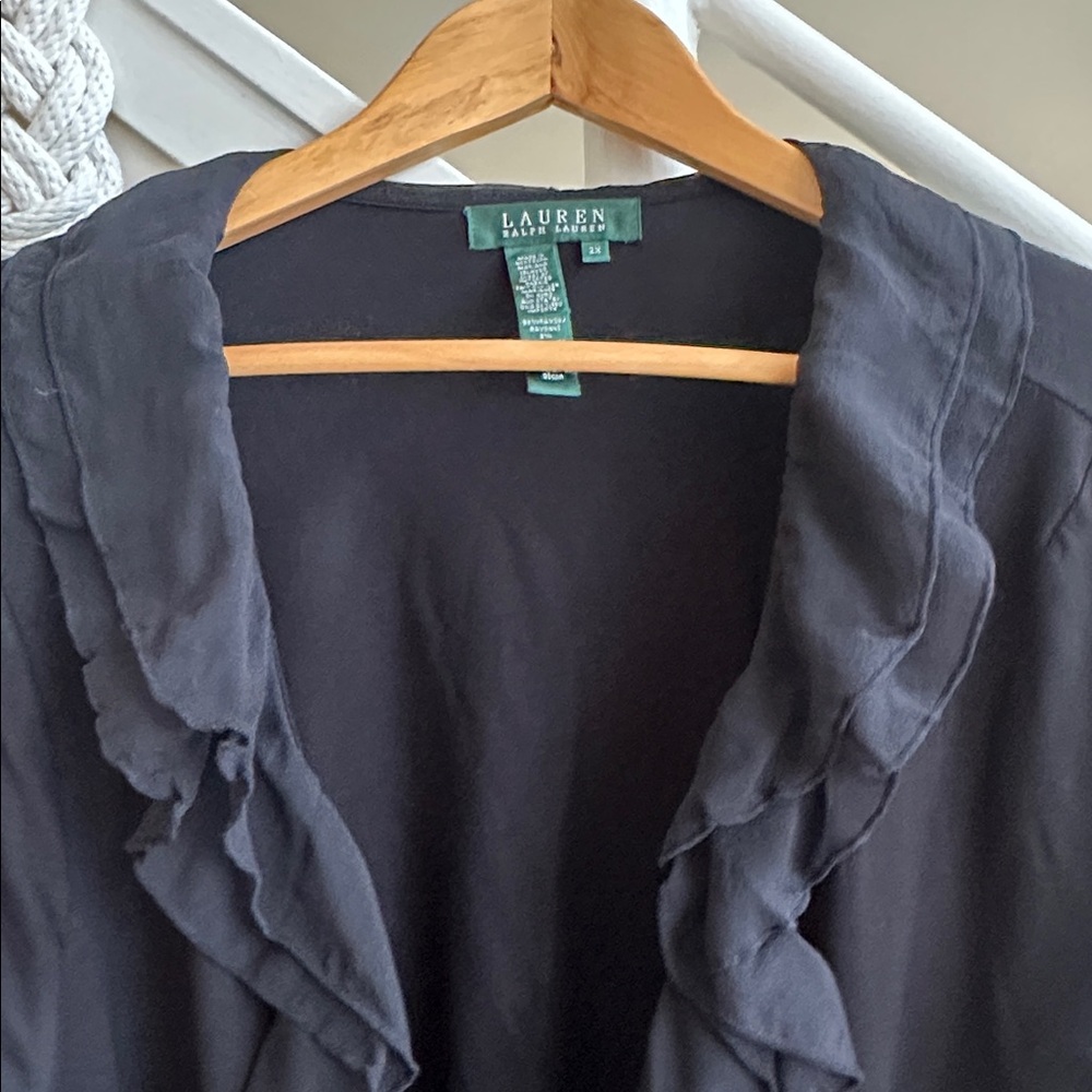 Lauren Ralph Lauren Faux Wrap Chiffon Ruffle Neck & Cuffs Blouse Black Size 2X - Picture 4 of 15
